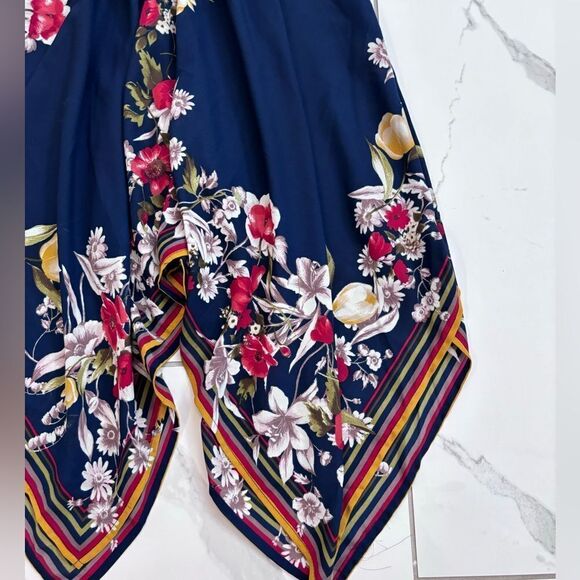 BAILEY BLUE Royal Blue Asymmetrical Handkerchief dress w/ Floral Design Sz S EUC - Picture 4 of 13